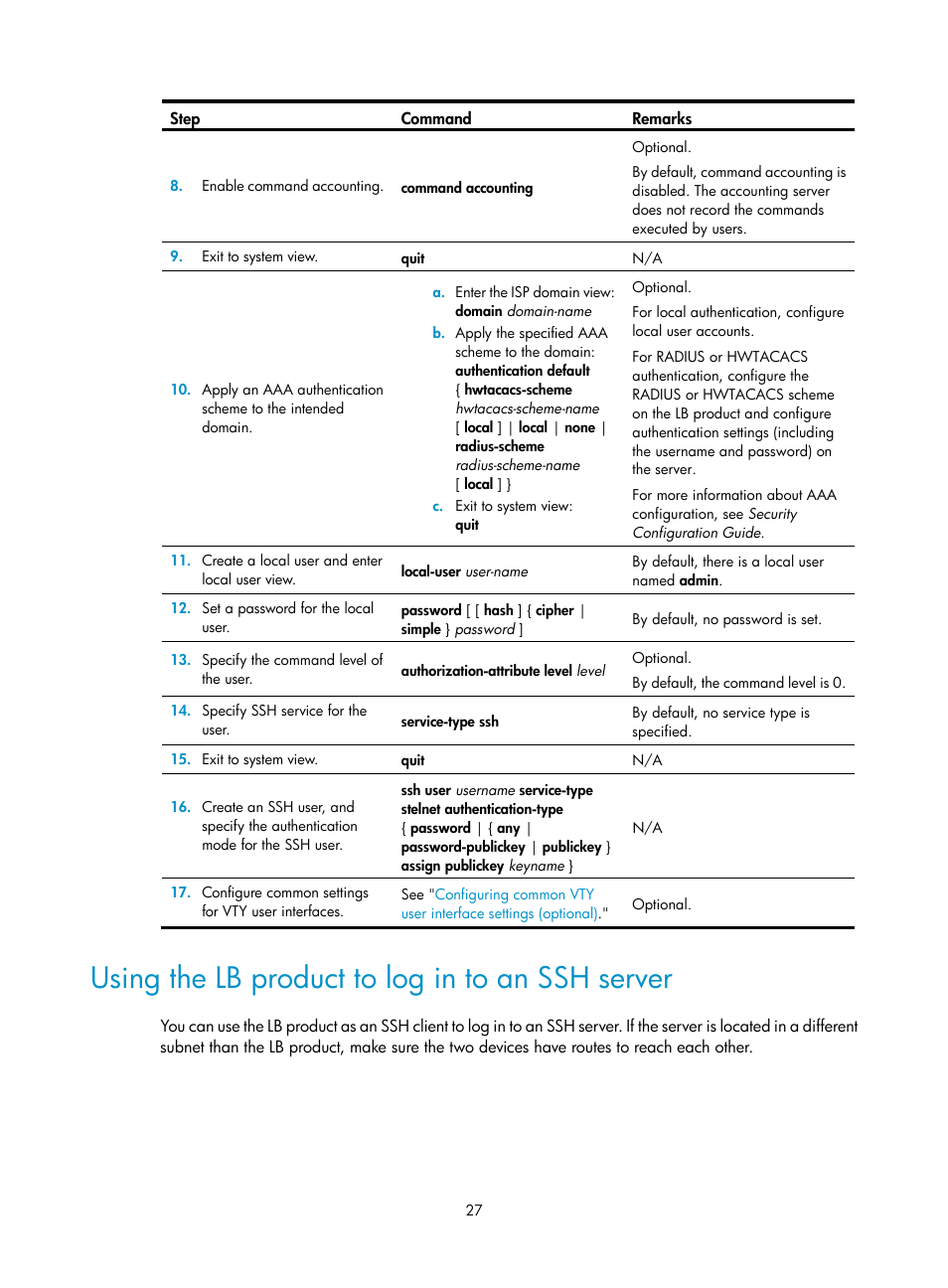 Using the lb product to log in to an ssh server | H3C Technologies H3C SecBlade LB Cards User Manual | Page 37 / 196