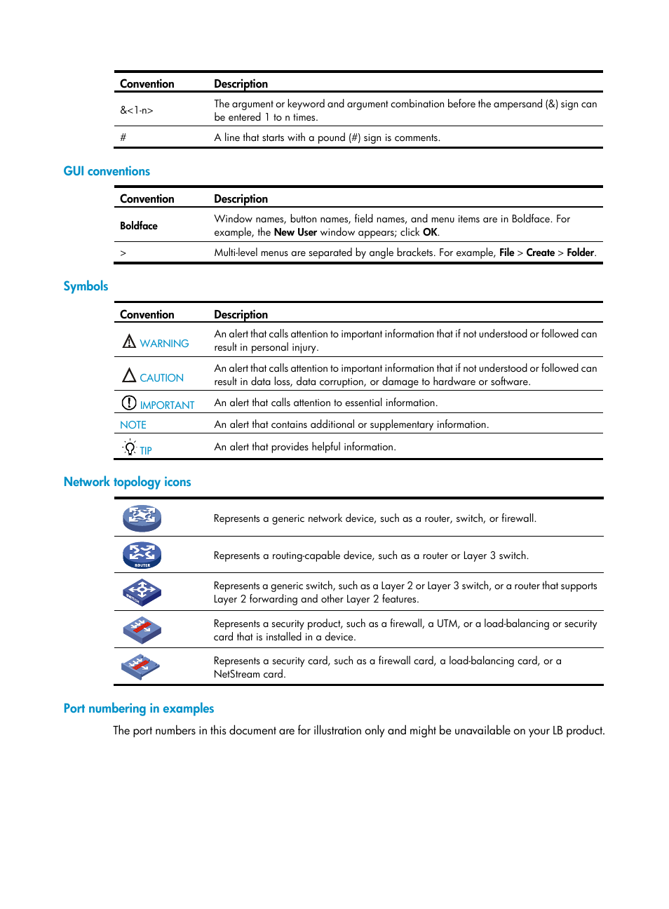 Gui conventions, Symbols, Network topology icons | Port numbering in examples | H3C Technologies H3C SecBlade LB Cards User Manual | Page 4 / 196