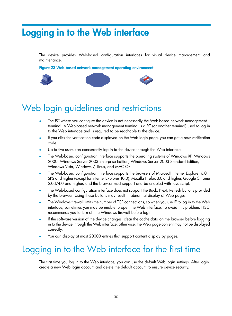 Logging in to the web interface, Web login guidelines and restrictions, Logging in to the web interface for the first time | H3C Technologies H3C SecBlade LB Cards User Manual | Page 40 / 196