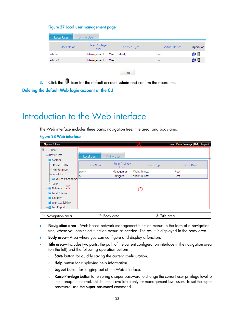 Deleting the default web login account at the cli, Introduction to the web interface | H3C Technologies H3C SecBlade LB Cards User Manual | Page 43 / 196
