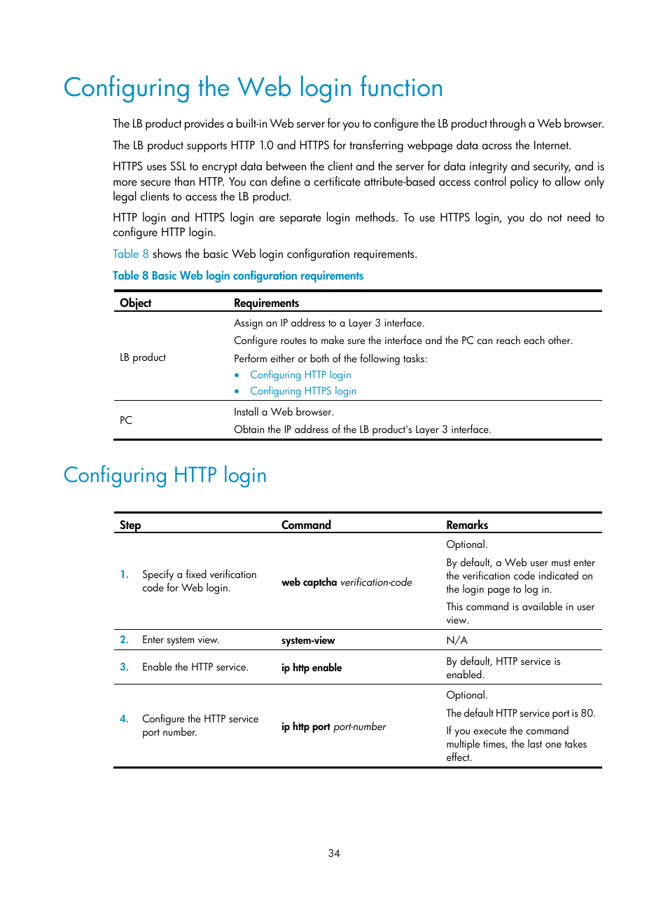 Configuring the web login function, Configuring http login | H3C Technologies H3C SecBlade LB Cards User Manual | Page 44 / 196