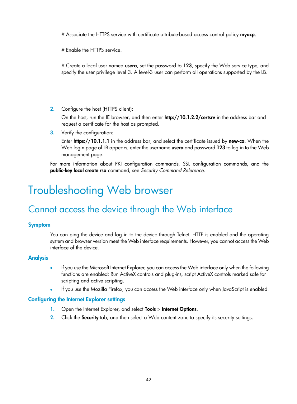 Troubleshooting web browser, Cannot access the device through the web interface, Symptom | Analysis, Configuring the internet explorer settings | H3C Technologies H3C SecBlade LB Cards User Manual | Page 52 / 196