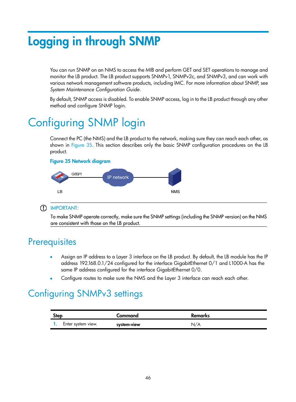 Logging in through snmp, Configuring snmp login, Prerequisites | Configuring snmpv3 settings | H3C Technologies H3C SecBlade LB Cards User Manual | Page 56 / 196