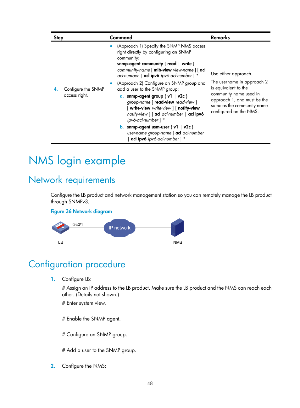 Nms login example, Network requirements, Configuration procedure | H3C Technologies H3C SecBlade LB Cards User Manual | Page 58 / 196