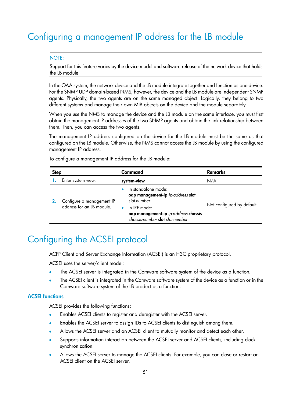 Configuring the acsei protocol, Acsei functions | H3C Technologies H3C SecBlade LB Cards User Manual | Page 61 / 196