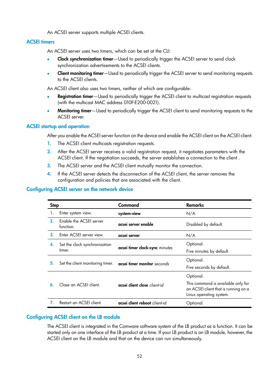 Acsei timers, Acsei startup and operation, Configuring acsei server on the network device | Configuring acsei client on the lb module | H3C Technologies H3C SecBlade LB Cards User Manual | Page 62 / 196