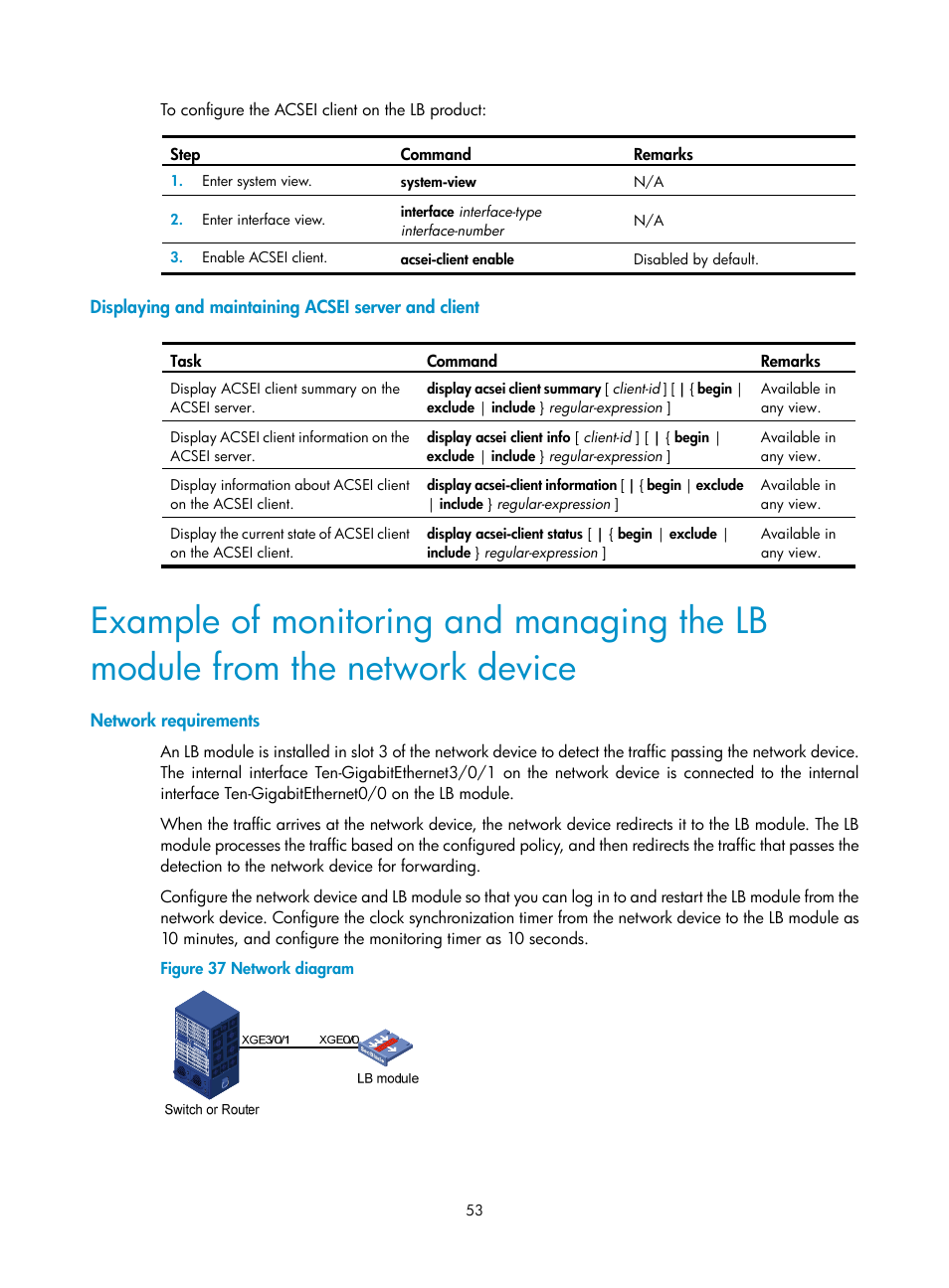 Displaying and maintaining acsei server and client, Network requirements | H3C Technologies H3C SecBlade LB Cards User Manual | Page 63 / 196