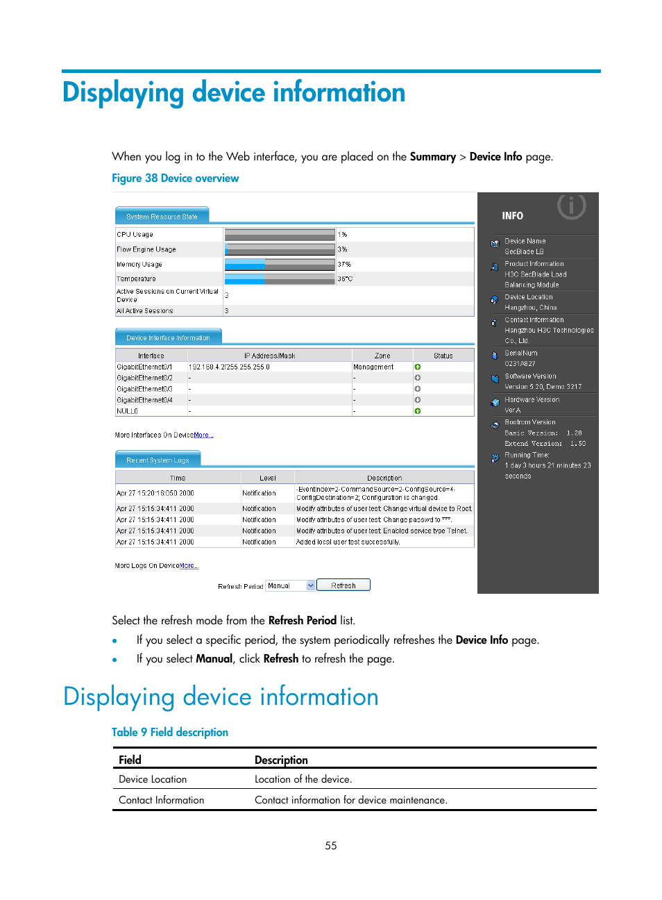 Displaying device information | H3C Technologies H3C SecBlade LB Cards User Manual | Page 65 / 196