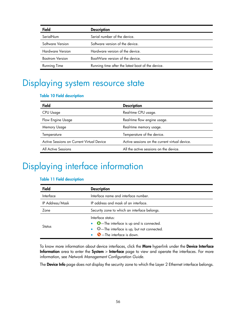 Displaying system resource state, Displaying interface information | H3C Technologies H3C SecBlade LB Cards User Manual | Page 66 / 196