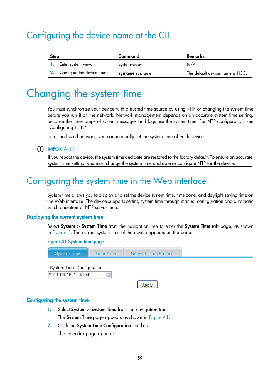 Configuring the device name at the cli, Changing the system time, Configuring the system time in the web interface | Displaying the current system time, Configuring the system time | H3C Technologies H3C SecBlade LB Cards User Manual | Page 69 / 196
