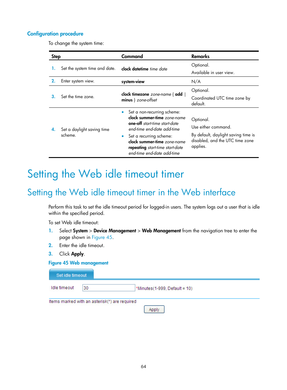 Configuration procedure, Setting the web idle timeout timer | H3C Technologies H3C SecBlade LB Cards User Manual | Page 74 / 196