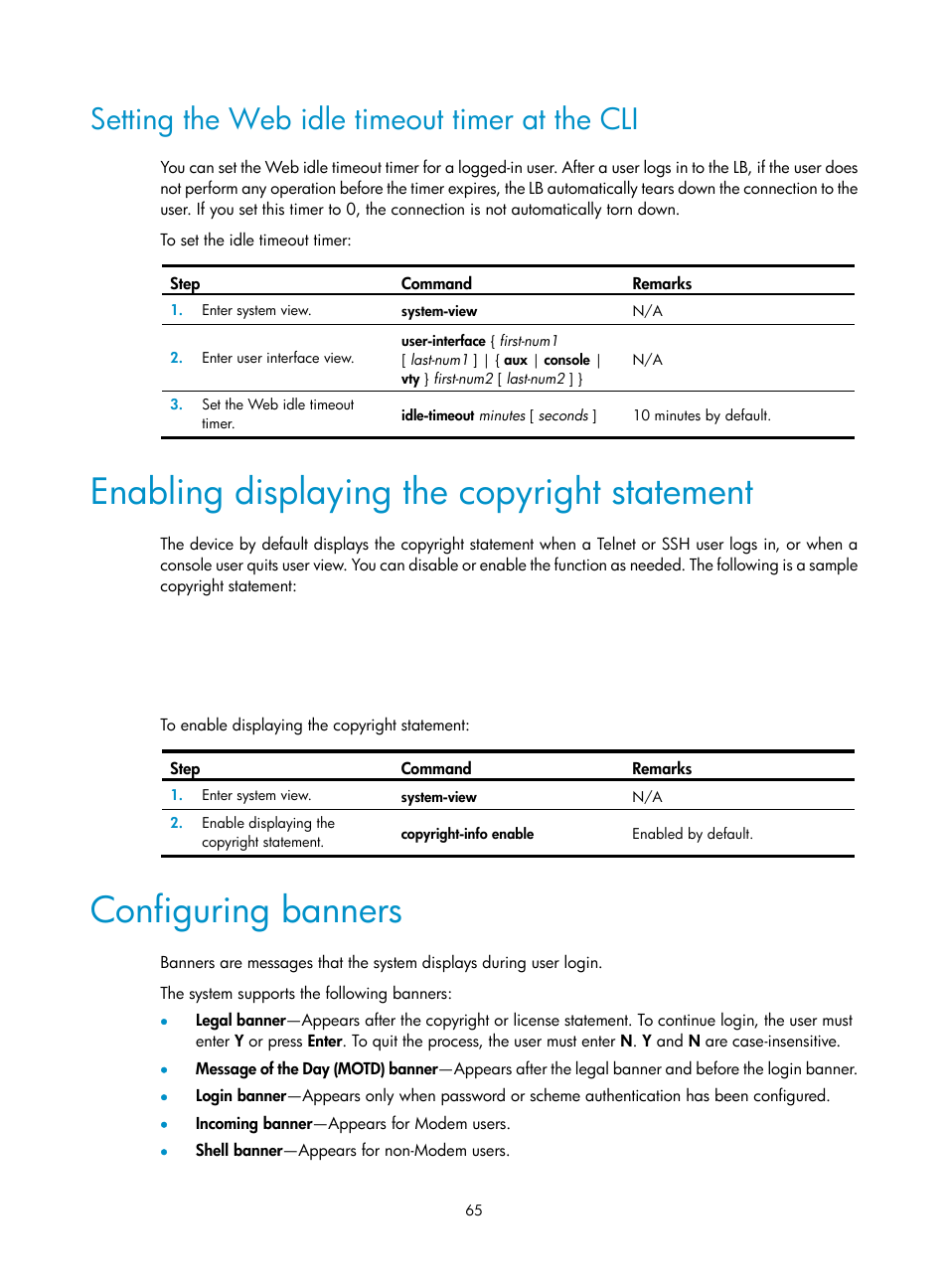 Setting the web idle timeout timer at the cli, Enabling displaying the copyright statement, Configuring banners | H3C Technologies H3C SecBlade LB Cards User Manual | Page 75 / 196