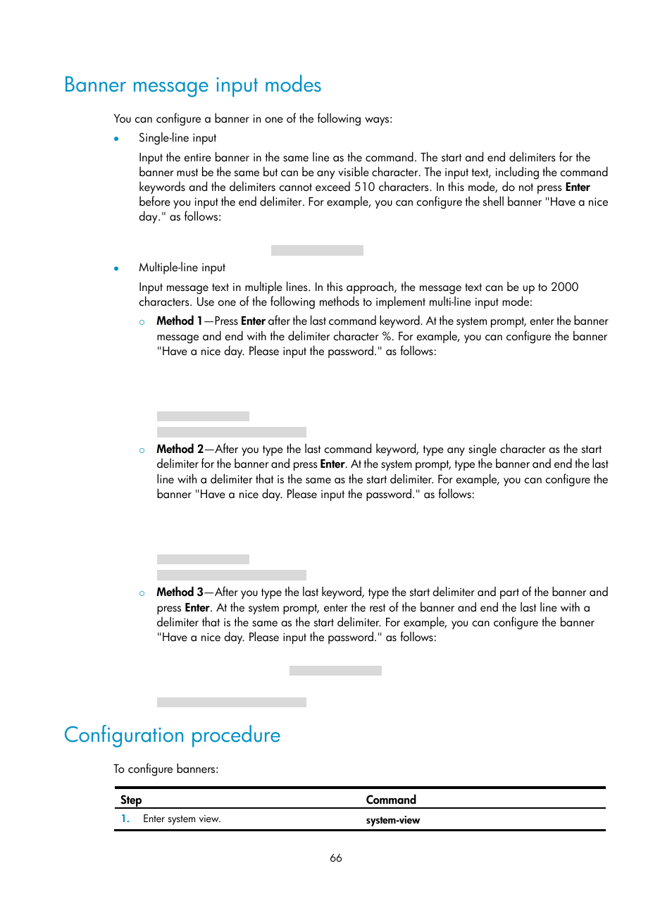 Banner message input modes, Configuration procedure | H3C Technologies H3C SecBlade LB Cards User Manual | Page 76 / 196