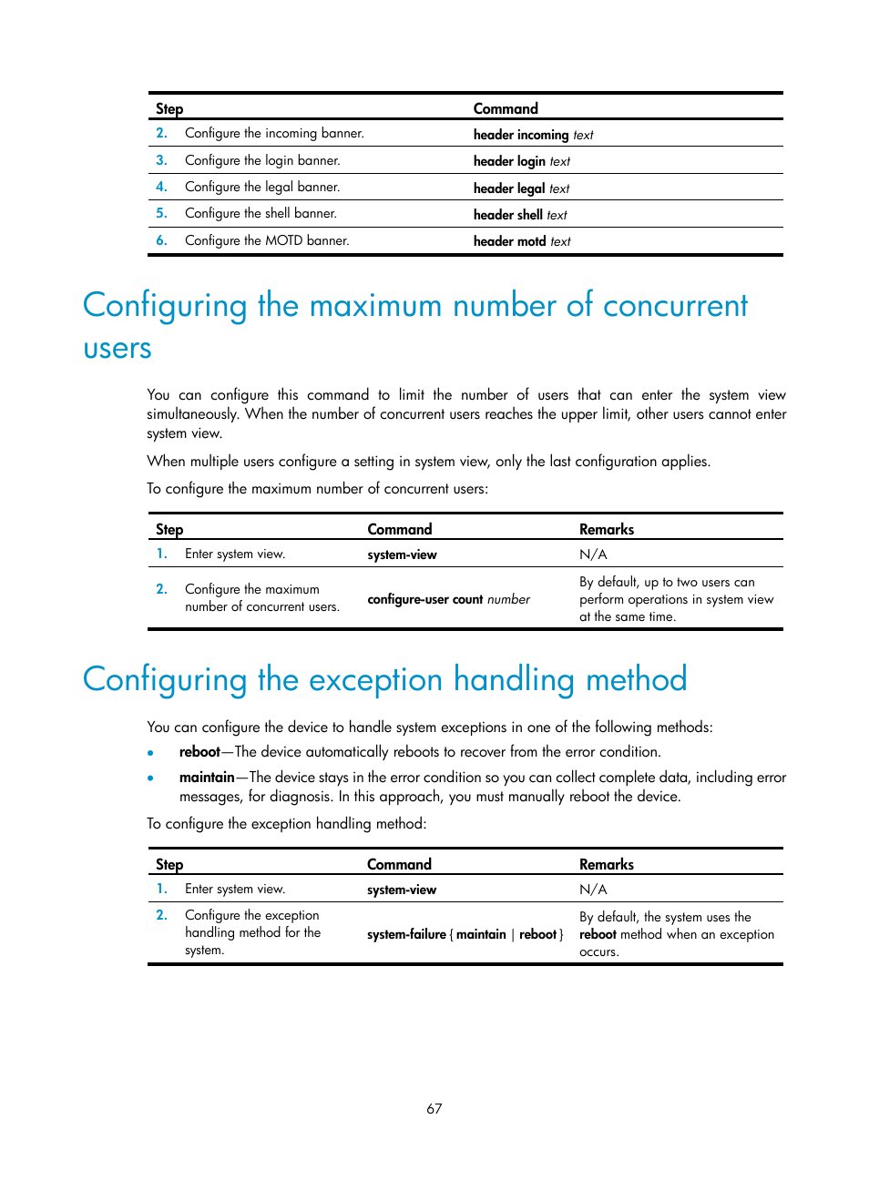 Configuring the maximum number of concurrent users, Configuring the exception handling method | H3C Technologies H3C SecBlade LB Cards User Manual | Page 77 / 196