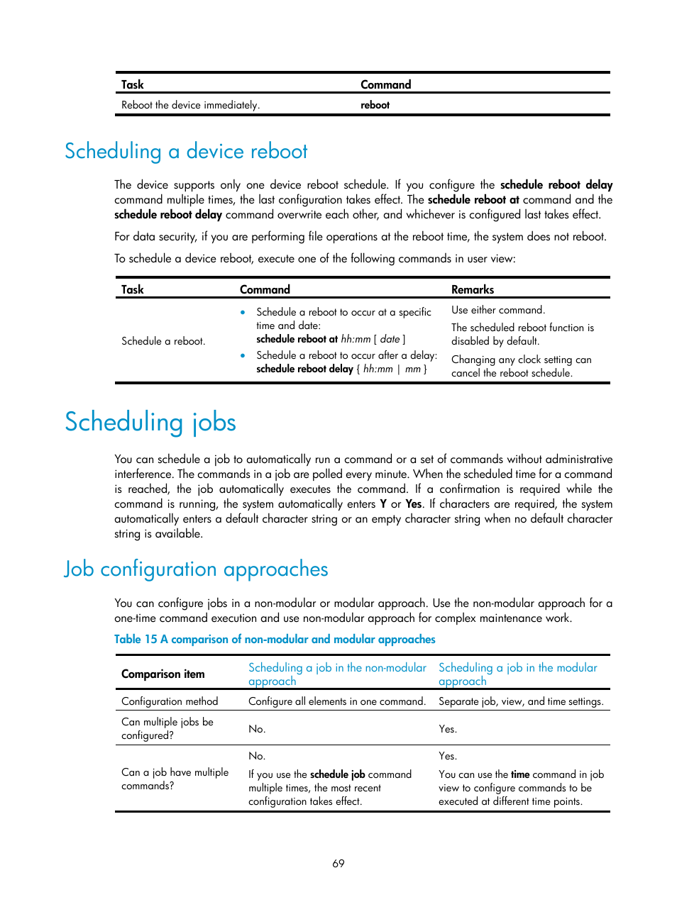 Scheduling a device reboot, Scheduling jobs, Job configuration approaches | H3C Technologies H3C SecBlade LB Cards User Manual | Page 79 / 196