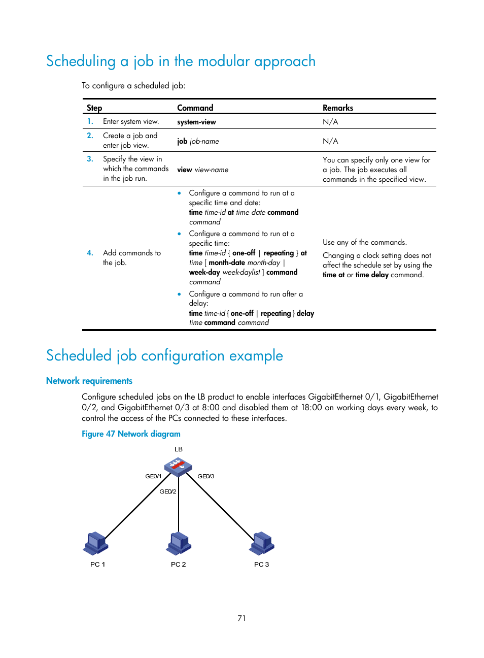 Scheduling a job in the modular approach, Scheduled job configuration example, Network requirements | Scheduling a job in the modular, Approach | H3C Technologies H3C SecBlade LB Cards User Manual | Page 81 / 196