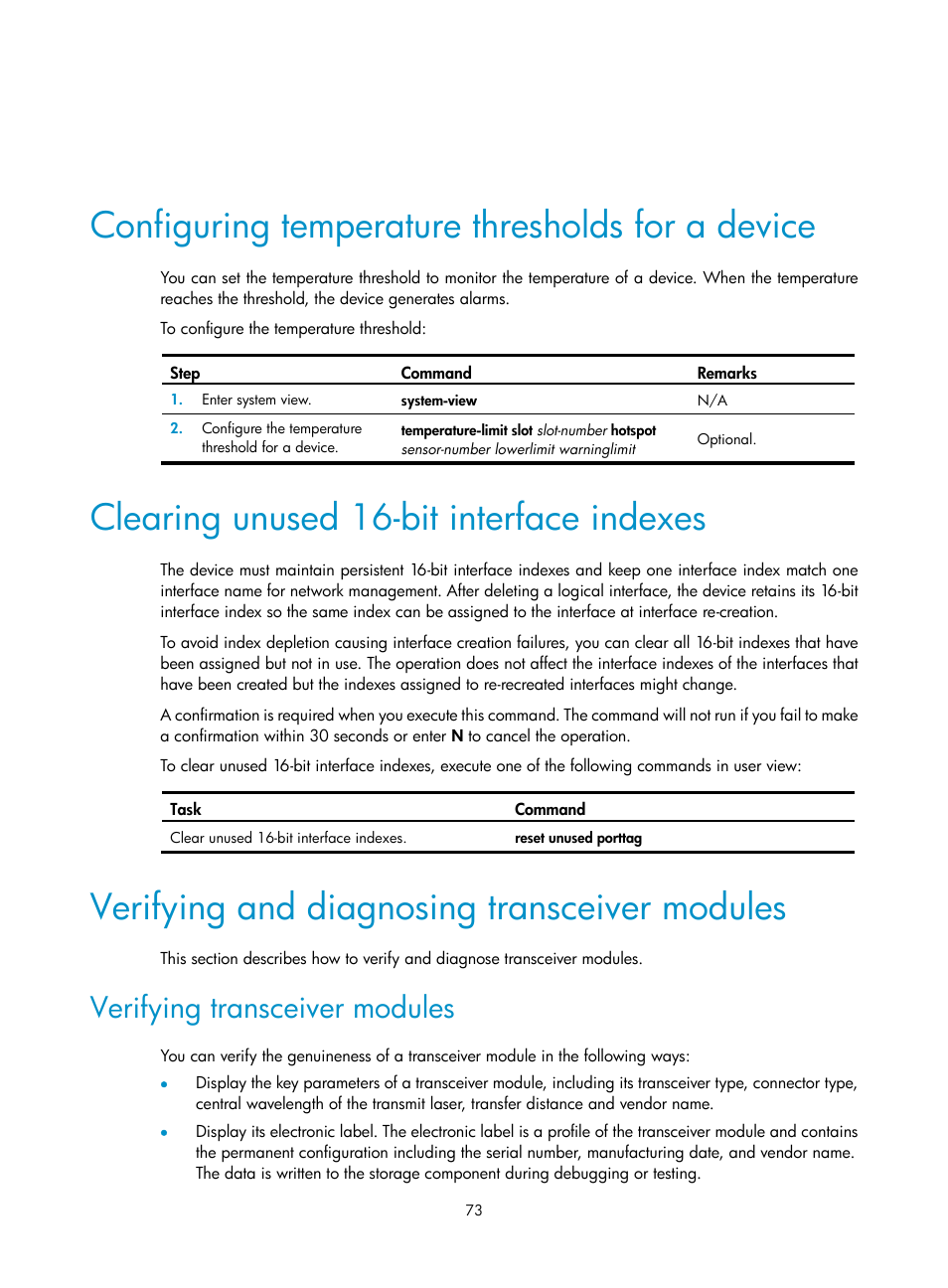 Configuring temperature thresholds for a device, Clearing unused 16-bit interface indexes, Verifying and diagnosing transceiver modules | Verifying transceiver modules | H3C Technologies H3C SecBlade LB Cards User Manual | Page 83 / 196