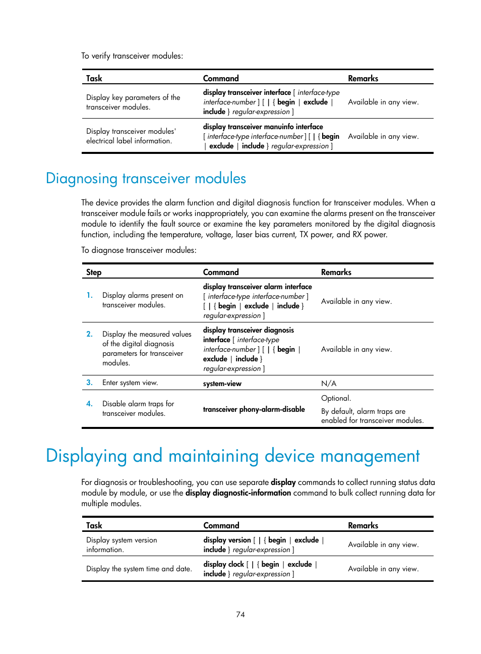 Diagnosing transceiver modules, Displaying and maintaining device management | H3C Technologies H3C SecBlade LB Cards User Manual | Page 84 / 196