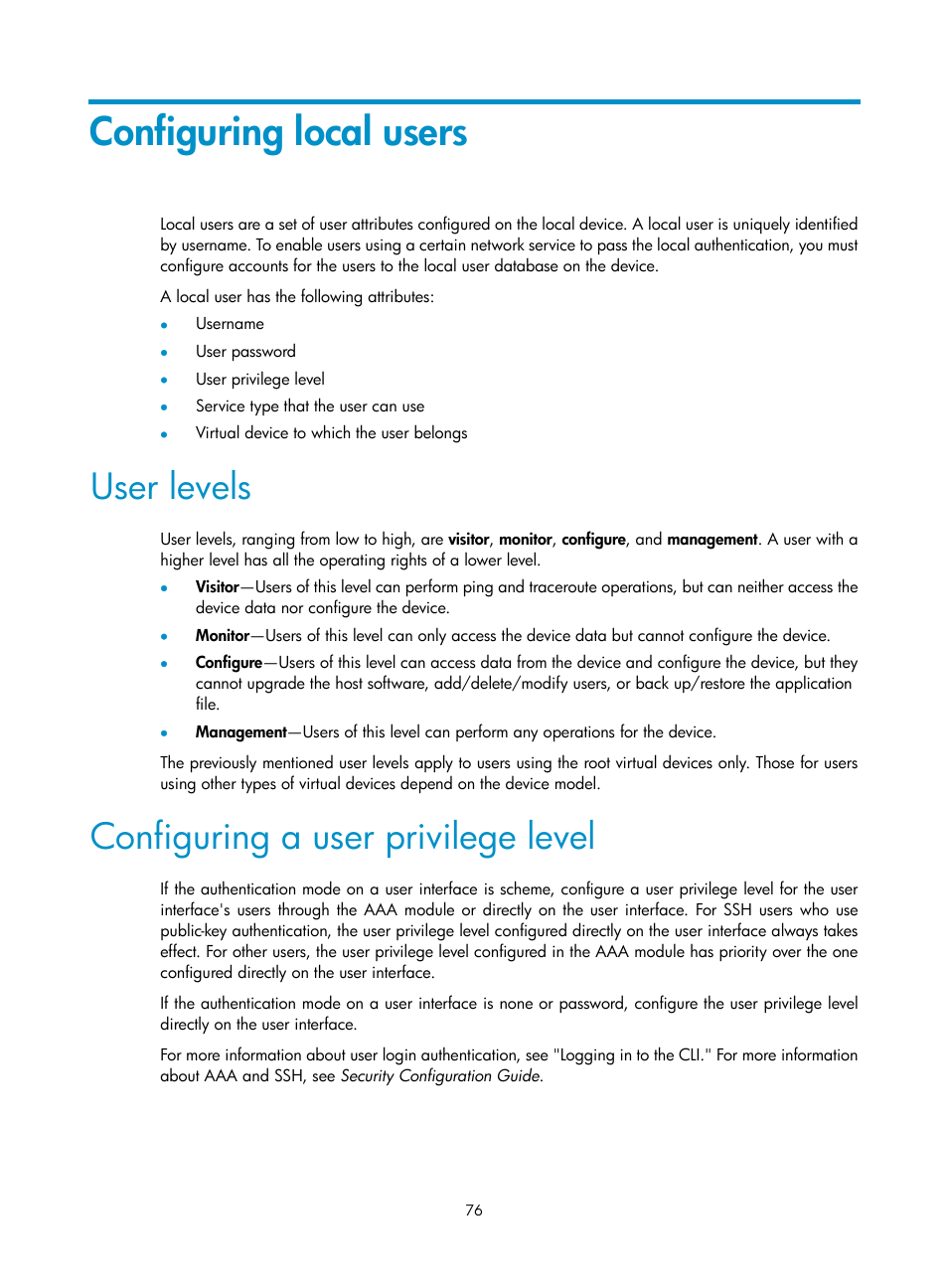 Configuring local users, User levels, Configuring a user privilege level | H3C Technologies H3C SecBlade LB Cards User Manual | Page 86 / 196