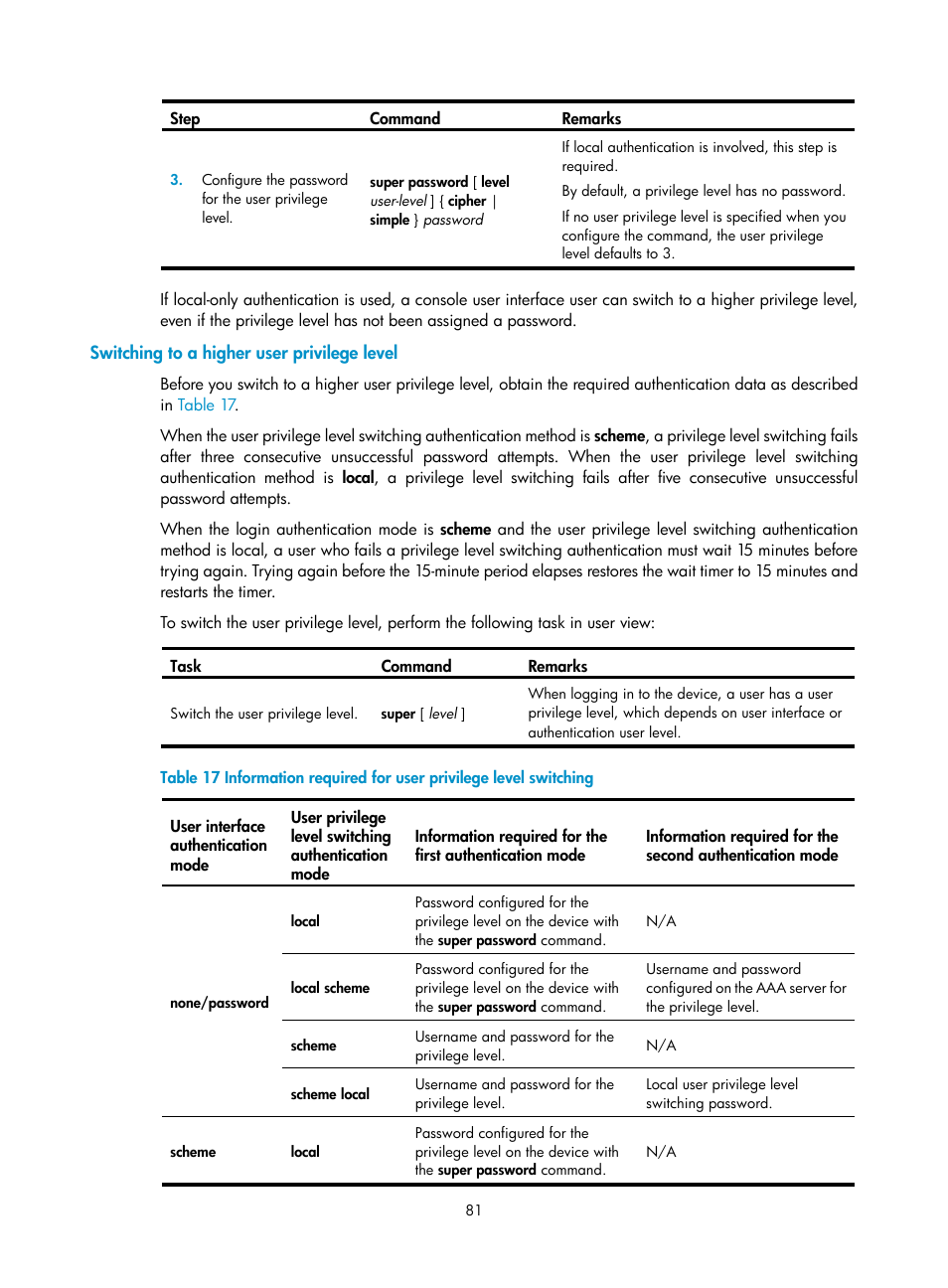 Switching to a higher user privilege level | H3C Technologies H3C SecBlade LB Cards User Manual | Page 91 / 196