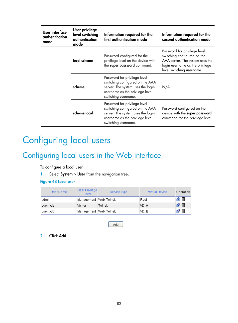 Configuring local users, Configuring local users in the web interface | H3C Technologies H3C SecBlade LB Cards User Manual | Page 92 / 196