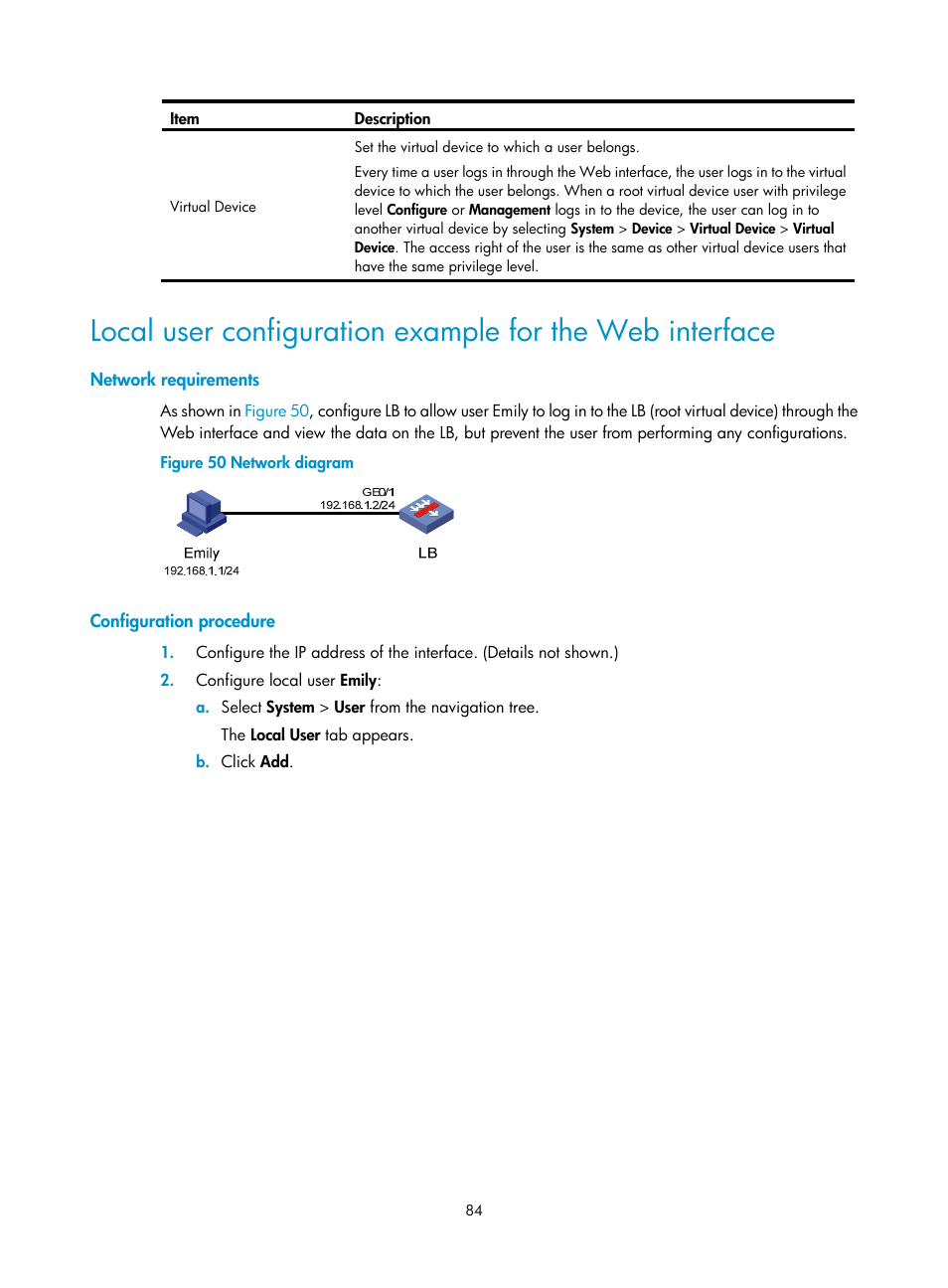 Network requirements, Configuration procedure | H3C Technologies H3C SecBlade LB Cards User Manual | Page 94 / 196