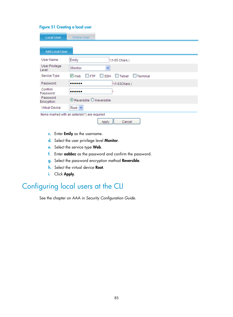 Configuring local users at the cli | H3C Technologies H3C SecBlade LB Cards User Manual | Page 95 / 196