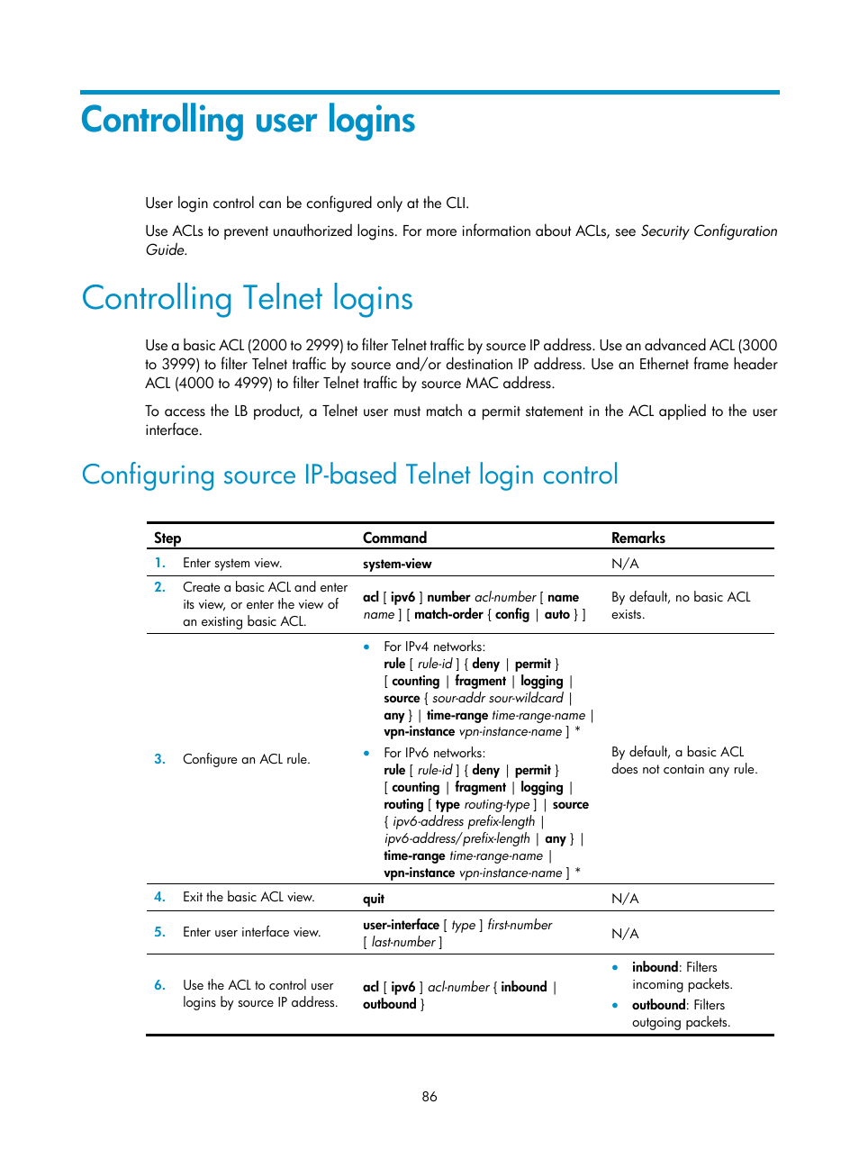 Controlling user logins, Controlling telnet logins, Configuring source ip-based telnet login control | H3C Technologies H3C SecBlade LB Cards User Manual | Page 96 / 196