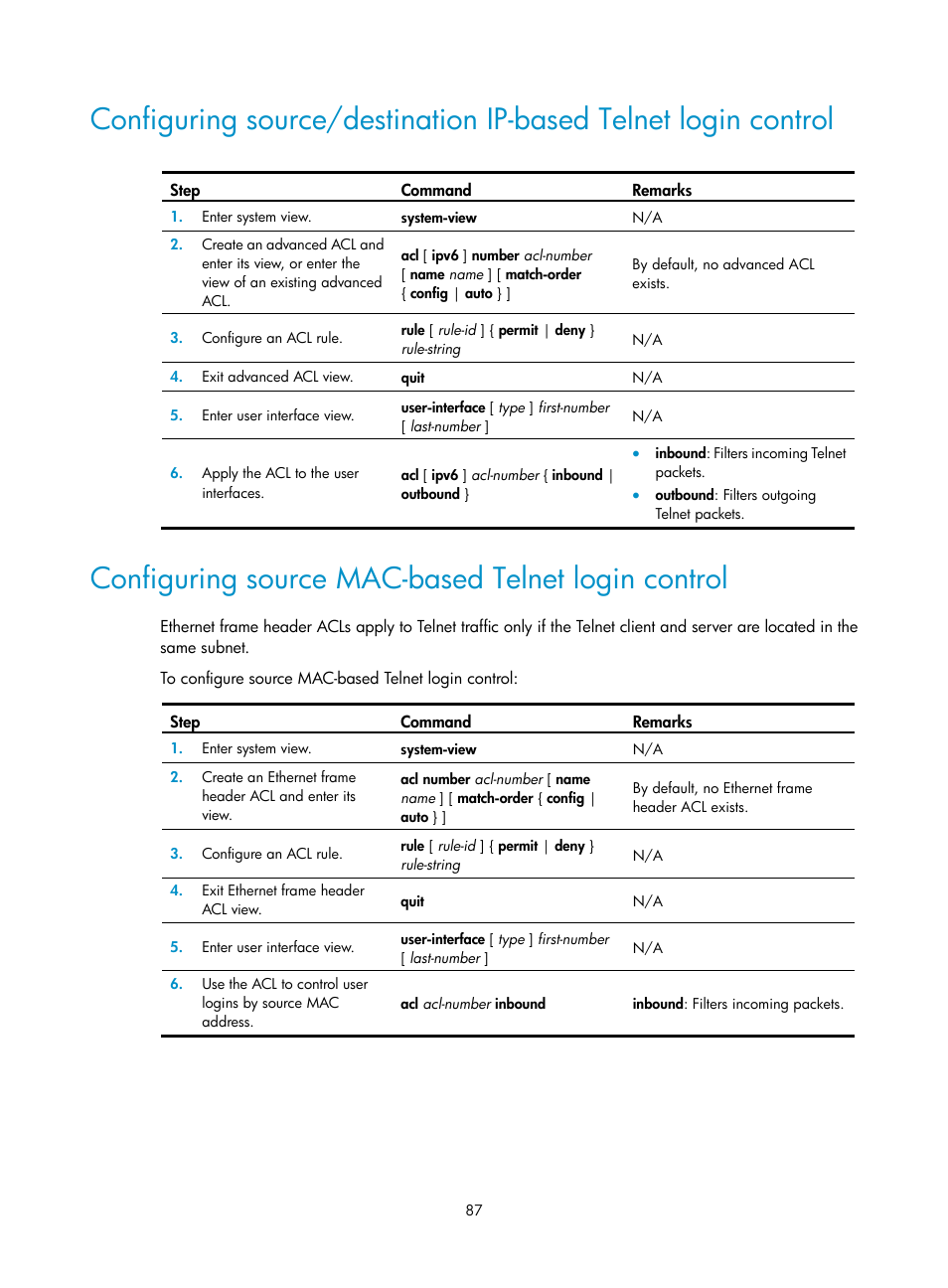 Configuring source mac-based telnet login control | H3C Technologies H3C SecBlade LB Cards User Manual | Page 97 / 196