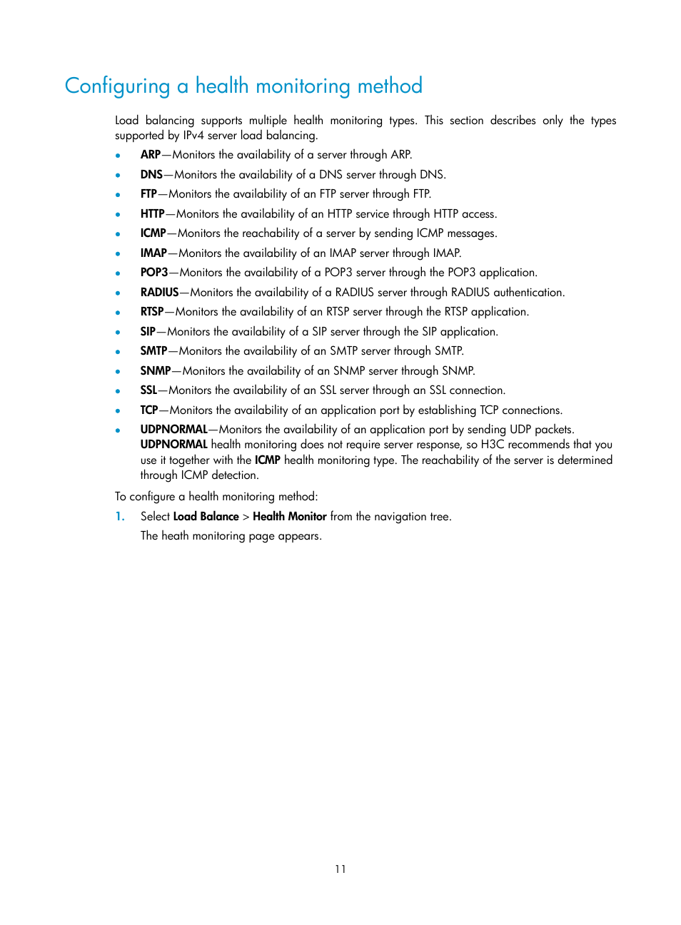 Configuring a health monitoring method | H3C Technologies H3C SecBlade LB Cards User Manual | Page 17 / 66
