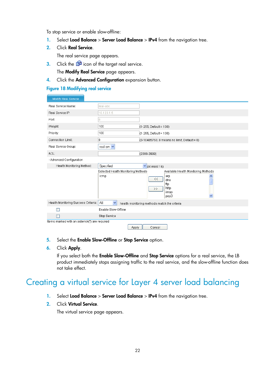 Creating a virtual service for layer 4, Server load balancing | H3C Technologies H3C SecBlade LB Cards User Manual | Page 28 / 66