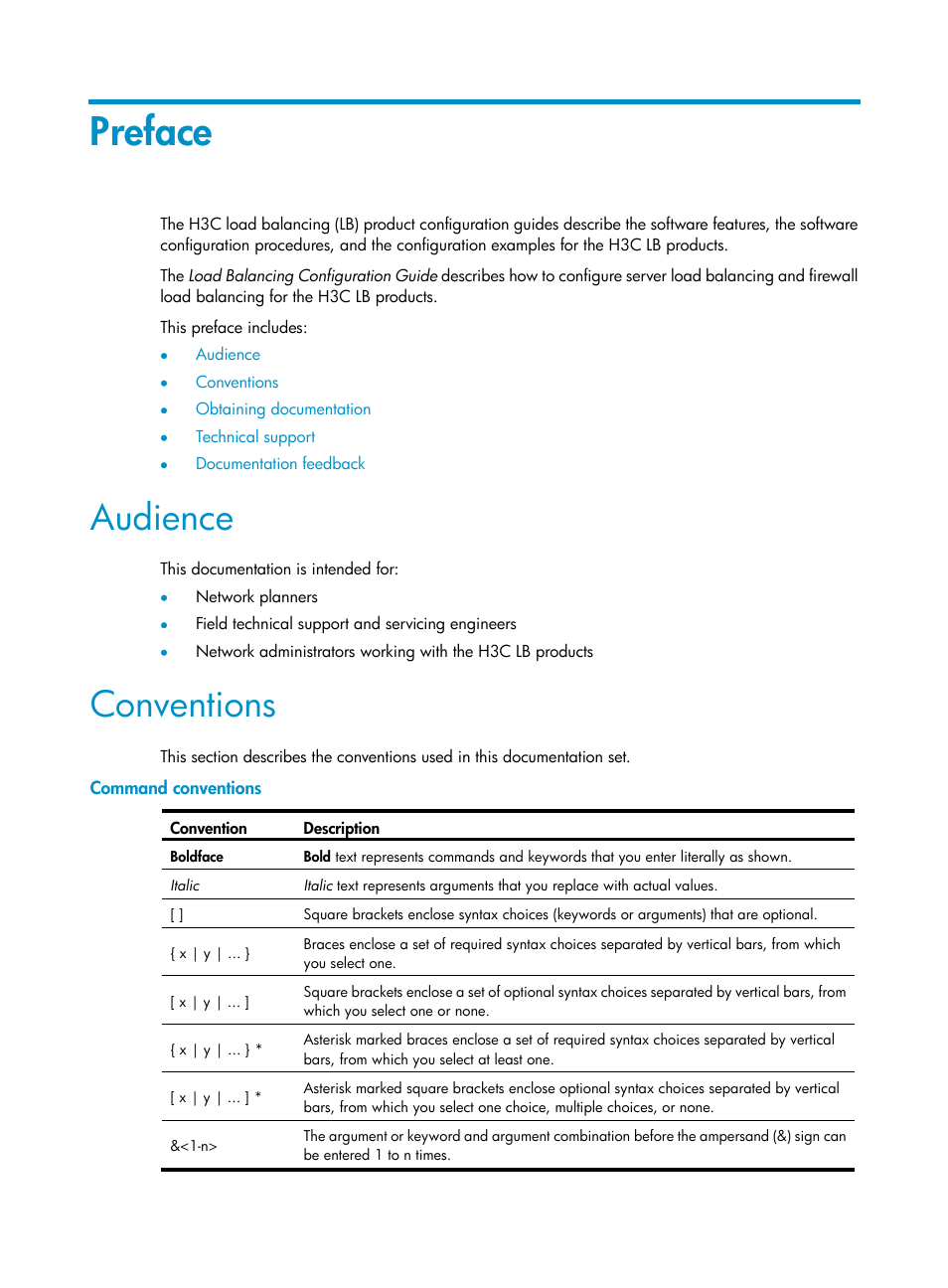 Preface, Audience, Conventions | Command conventions | H3C Technologies H3C SecBlade LB Cards User Manual | Page 3 / 66