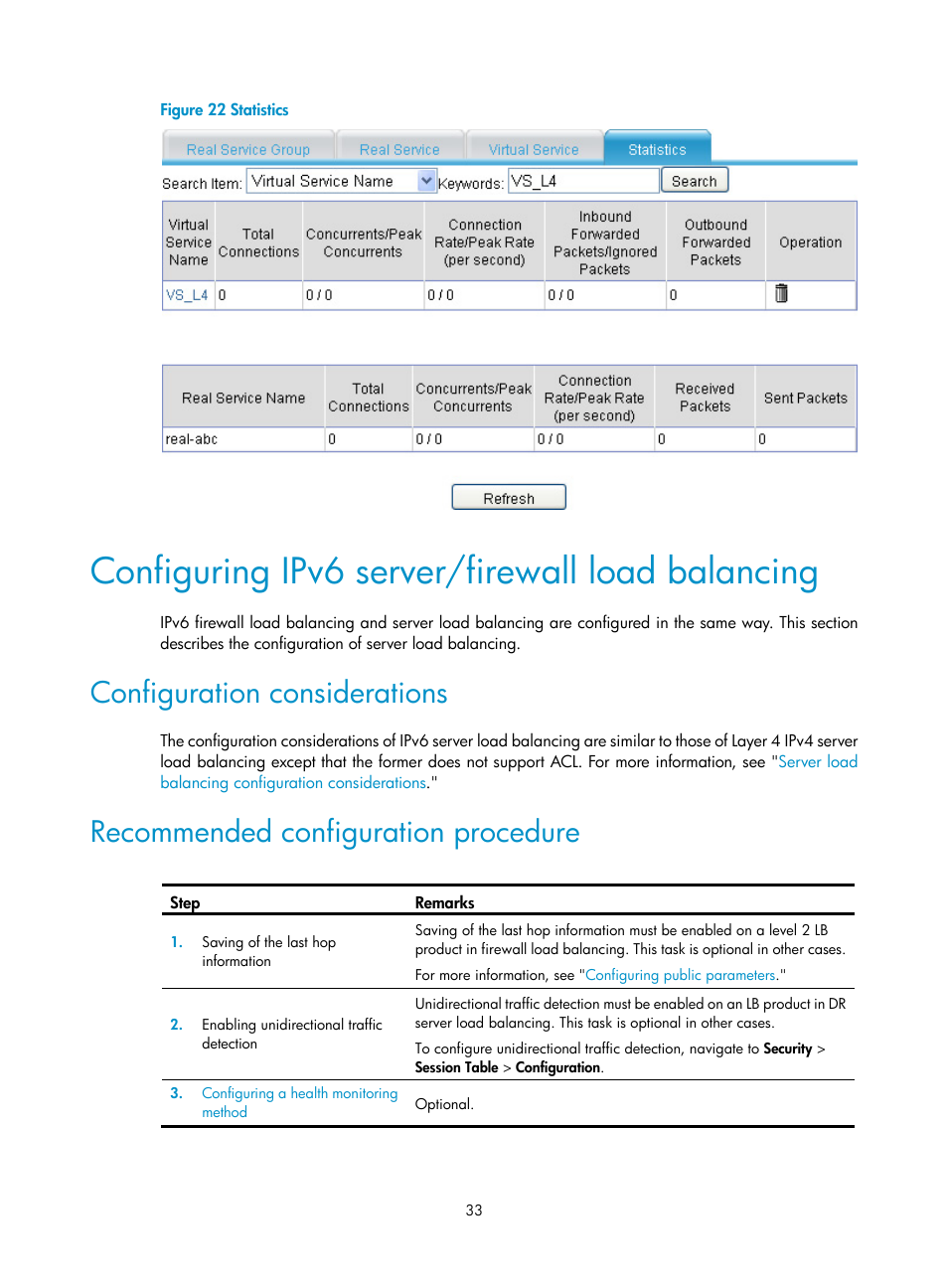 Configuring ipv6 server/firewall load balancing, Configuration considerations, Recommended configuration procedure | H3C Technologies H3C SecBlade LB Cards User Manual | Page 39 / 66