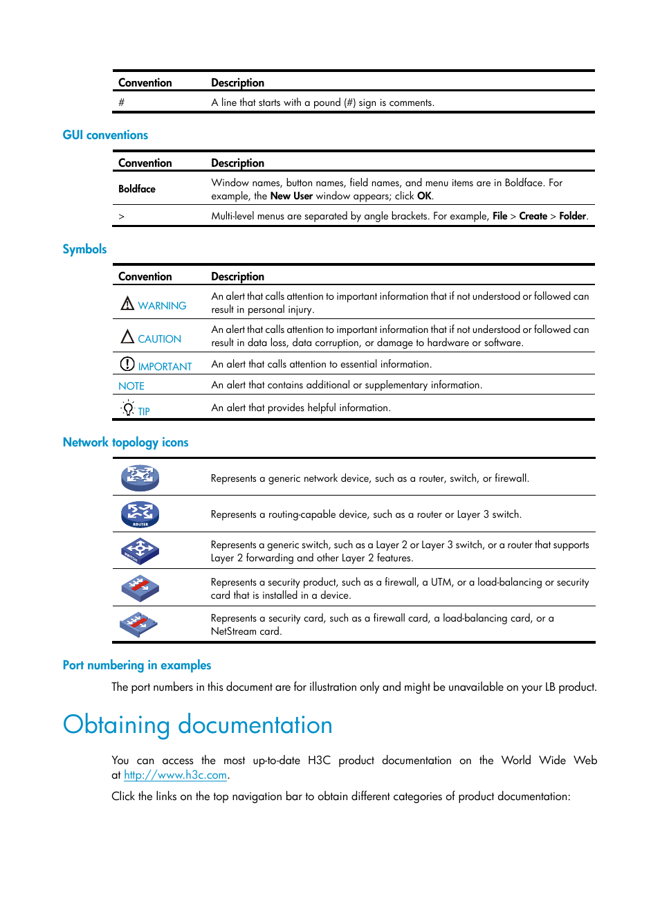 Gui conventions, Symbols, Network topology icons | Port numbering in examples, Obtaining documentation | H3C Technologies H3C SecBlade LB Cards User Manual | Page 4 / 66