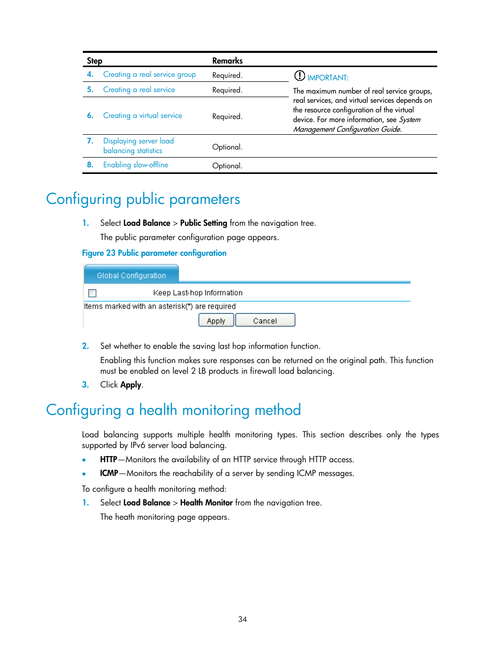 Configuring public parameters, Configuring a health monitoring method, Ation, see | Configuring a health monitoring, Method | H3C Technologies H3C SecBlade LB Cards User Manual | Page 40 / 66