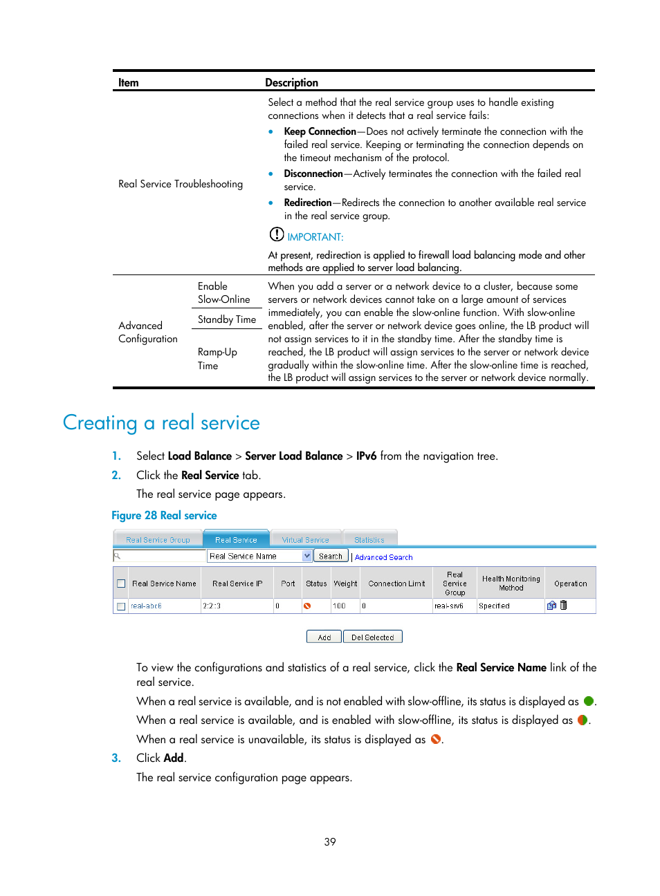 Creating a real service | H3C Technologies H3C SecBlade LB Cards User Manual | Page 45 / 66