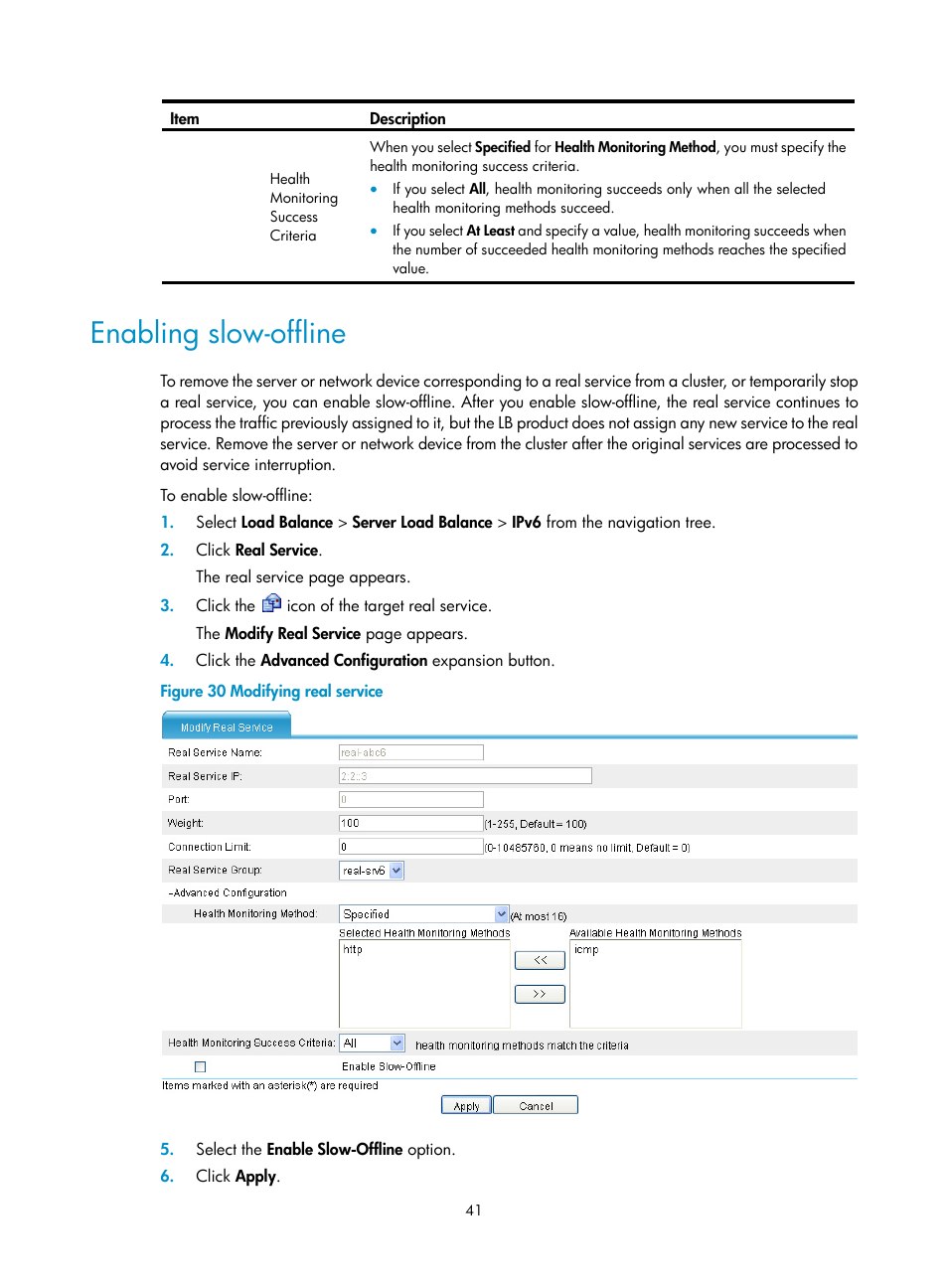 Enabling slow-offline | H3C Technologies H3C SecBlade LB Cards User Manual | Page 47 / 66