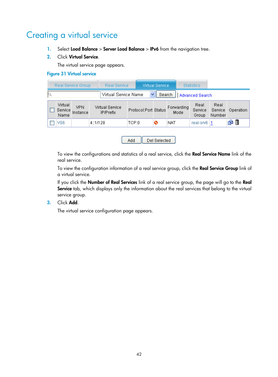 Creating a virtual service | H3C Technologies H3C SecBlade LB Cards User Manual | Page 48 / 66