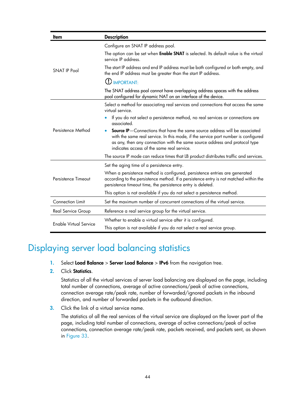 Displaying server load balancing statistics, Displaying server load, Balancing statistics | H3C Technologies H3C SecBlade LB Cards User Manual | Page 50 / 66