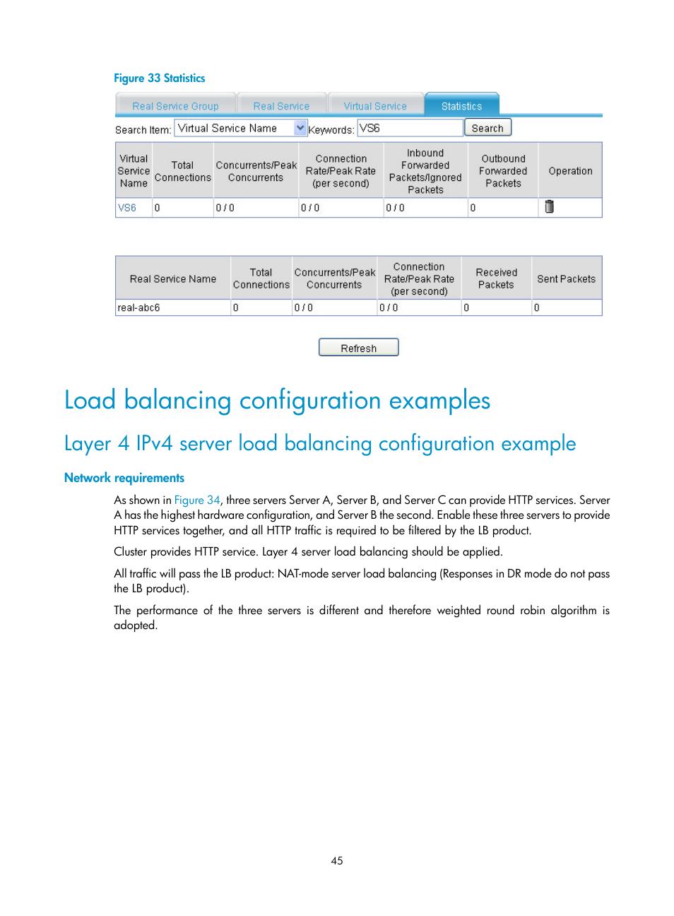 Load balancing configuration examples, Network requirements | H3C Technologies H3C SecBlade LB Cards User Manual | Page 51 / 66