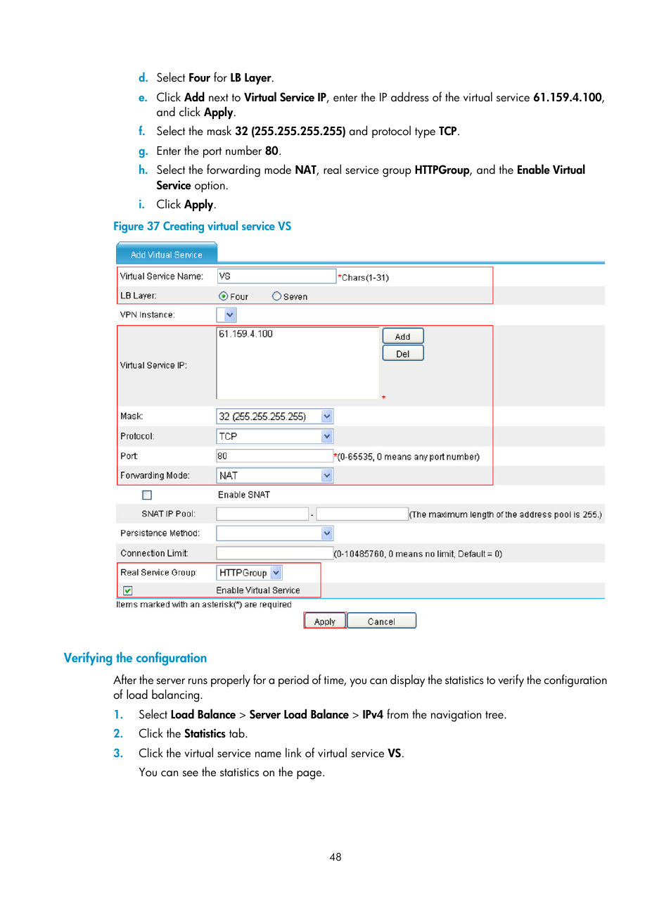 Verifying the configuration | H3C Technologies H3C SecBlade LB Cards User Manual | Page 54 / 66