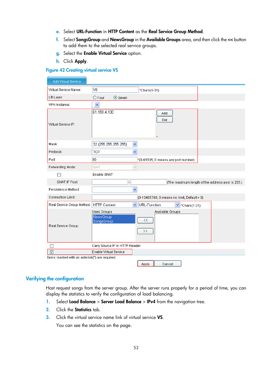 Verifying the configuration | H3C Technologies H3C SecBlade LB Cards User Manual | Page 59 / 66