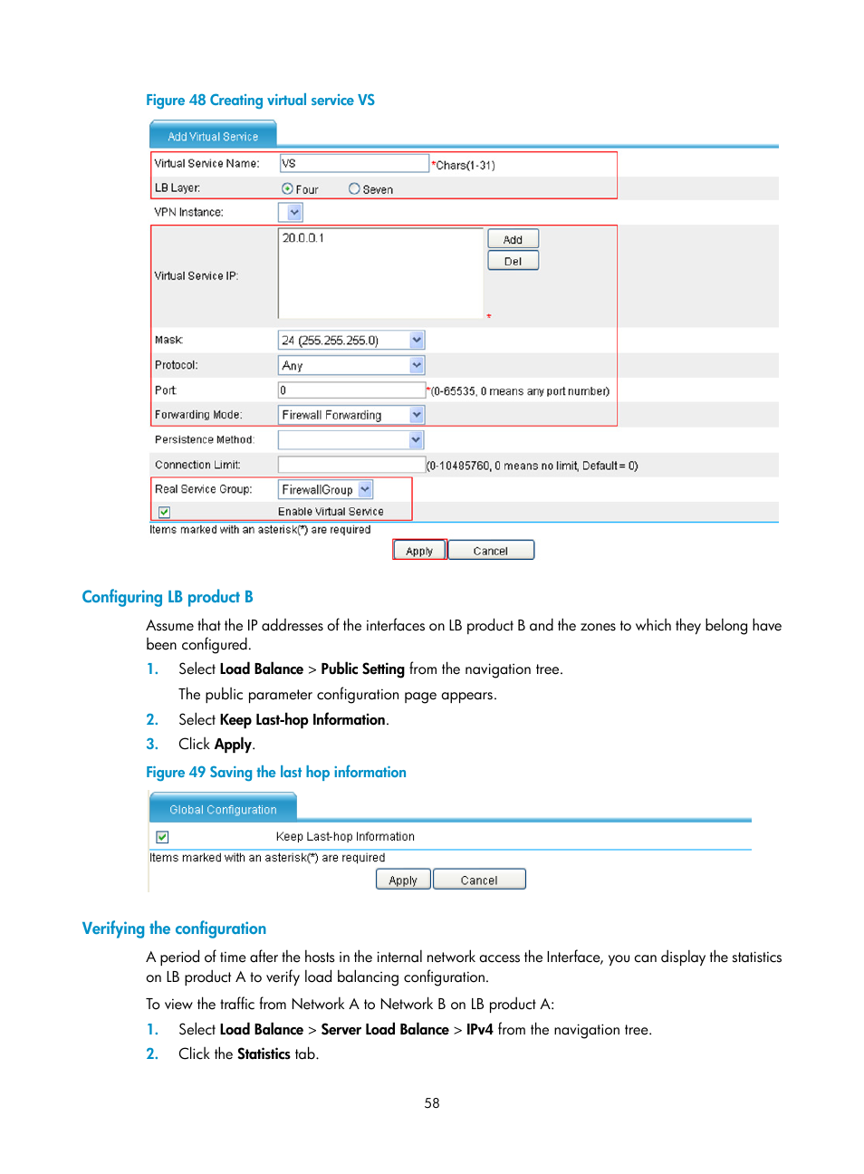 Configuring lb product b, Verifying the configuration | H3C Technologies H3C SecBlade LB Cards User Manual | Page 64 / 66