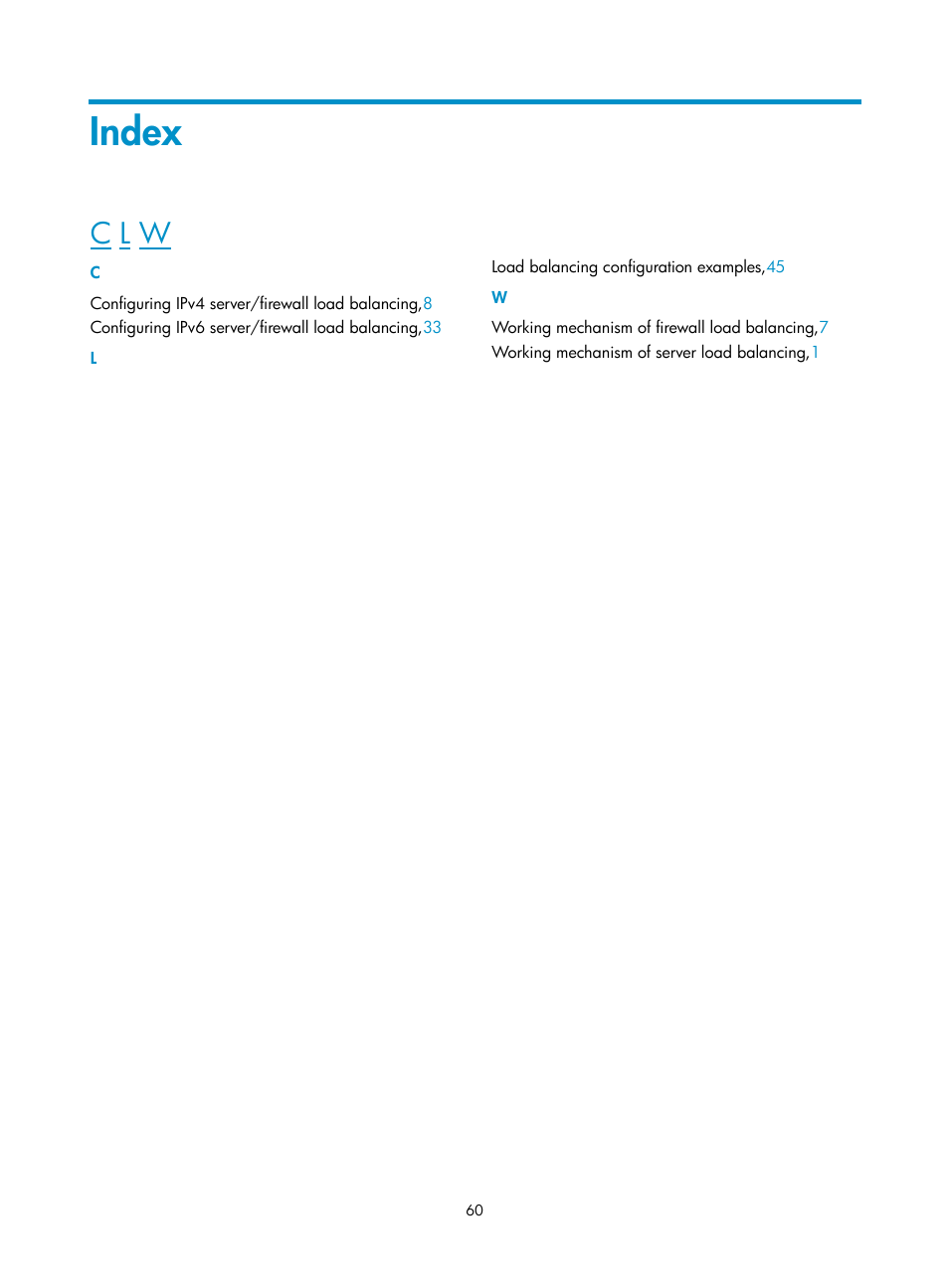 Index, C l w | H3C Technologies H3C SecBlade LB Cards User Manual | Page 66 / 66