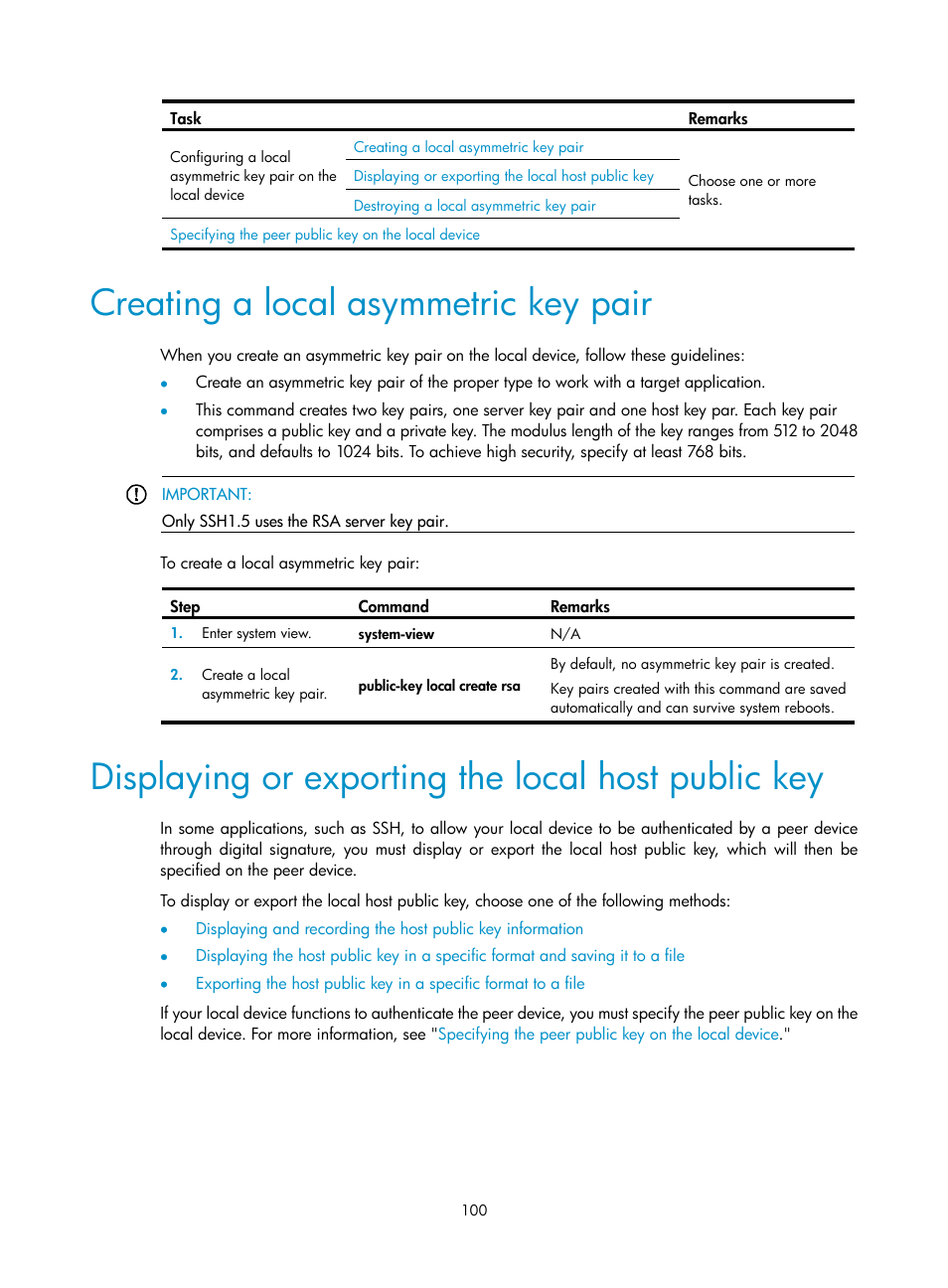 Creating a local asymmetric key pair, Displaying or exporting the local host public key | H3C Technologies H3C SecBlade LB Cards User Manual | Page 111 / 278