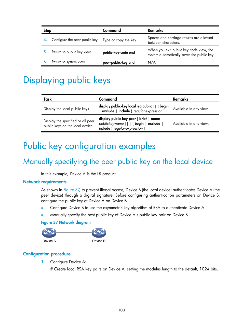 Displaying public keys, Public key configuration examples, Network requirements | Configuration procedure | H3C Technologies H3C SecBlade LB Cards User Manual | Page 114 / 278