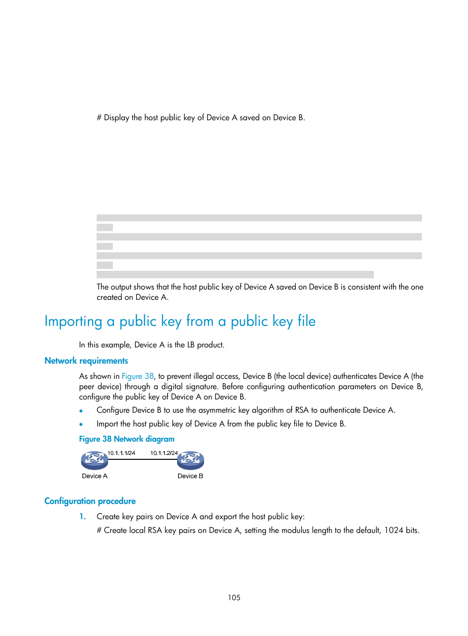 Importing a public key from a public key file, Network requirements, Configuration procedure | H3C Technologies H3C SecBlade LB Cards User Manual | Page 116 / 278