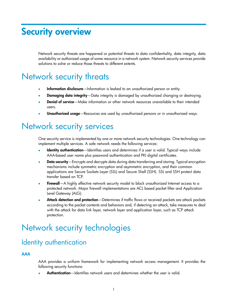 Security overview, Network security threats, Network security services | Network security technologies, Identity authentication | H3C Technologies H3C SecBlade LB Cards User Manual | Page 12 / 278