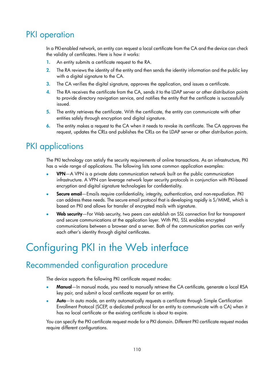 Pki operation, Pki applications, Configuring pki in the web interface | Recommended configuration procedure | H3C Technologies H3C SecBlade LB Cards User Manual | Page 121 / 278