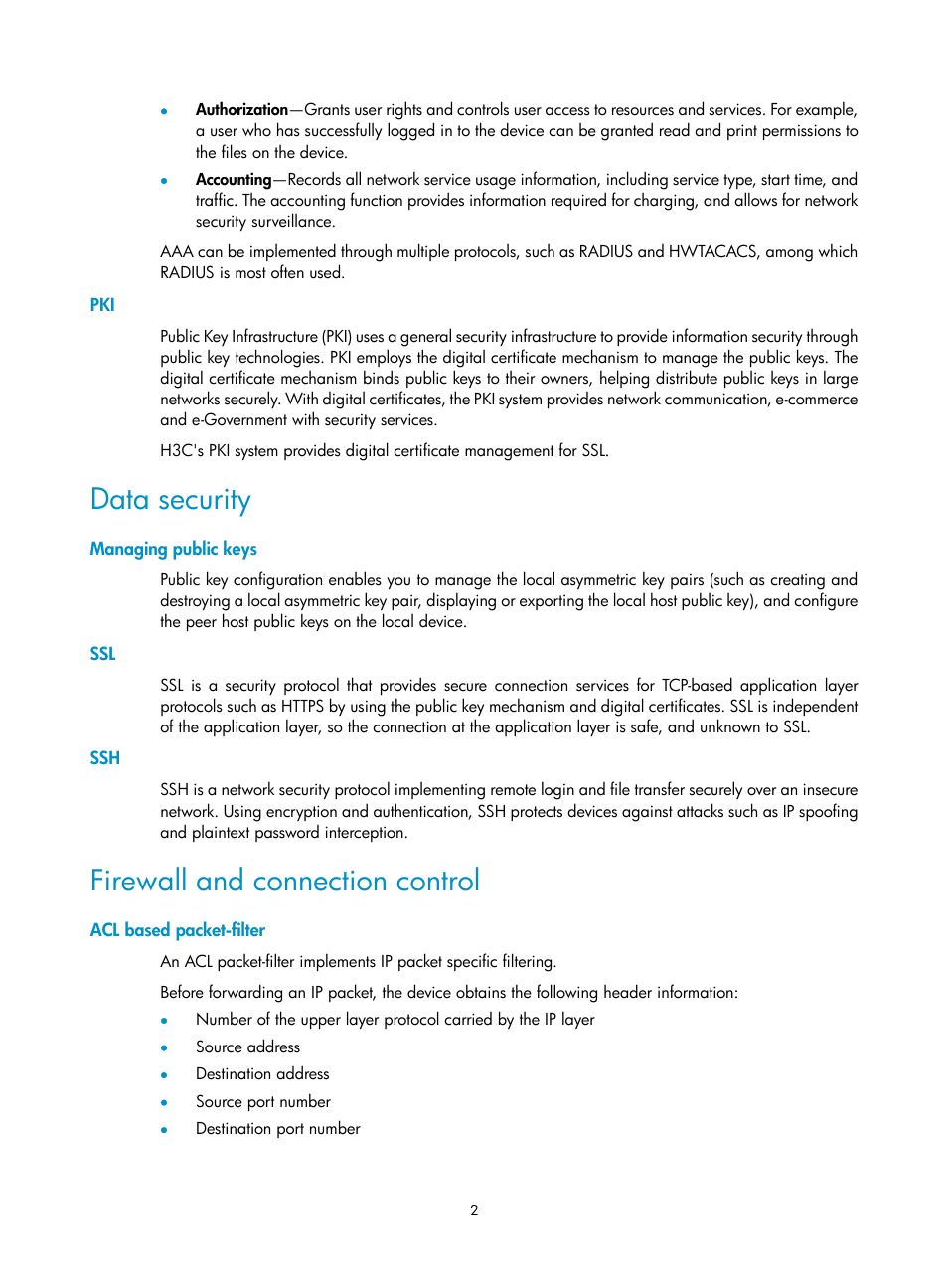 Data security, Managing public keys, Firewall and connection control | Acl based packet-filter | H3C Technologies H3C SecBlade LB Cards User Manual | Page 13 / 278